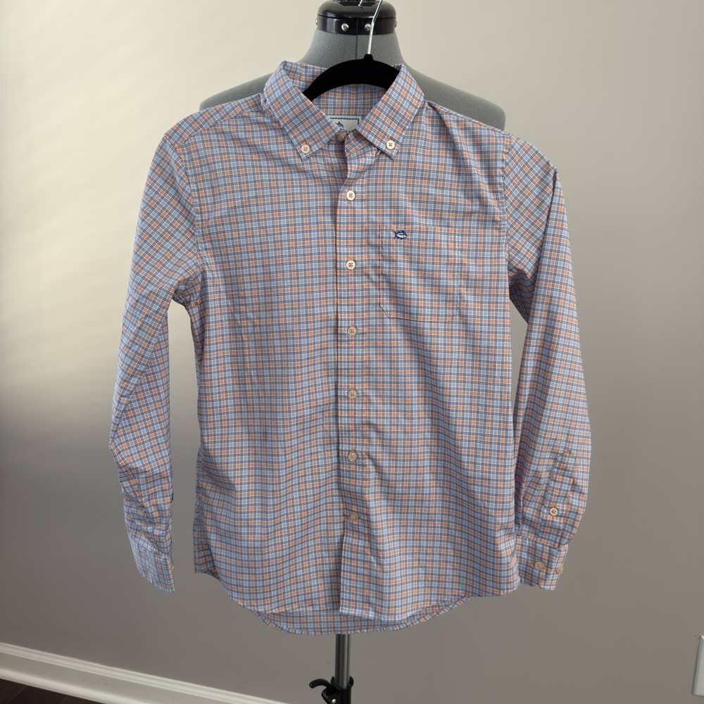 Southern Tide Boys Button-Down Plaid Shirt - Blue & Orange (Large/ 12-12)